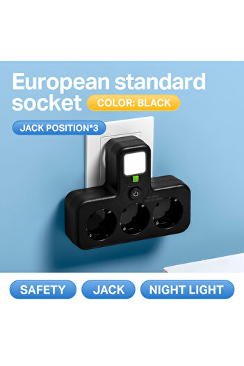 Choice EU Plug Black-8023L 1pc EU power board, switch power plug, with independent night light switch, 3 AC