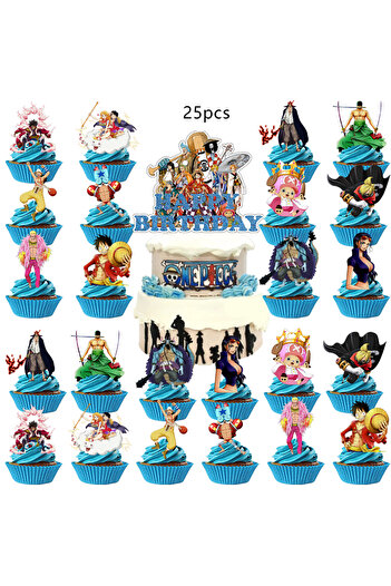 Miniso 25pcs One Piece Cake Topper、Cupcake Toppers ，One Piece Birthday Decorations，Theme Party Supplies,One