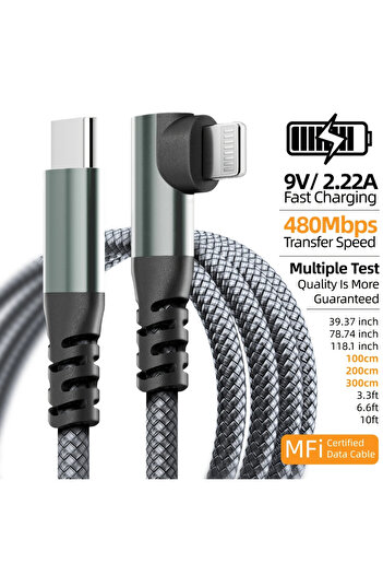 Choice 1M 1PC Gray LAIHONEN MFI Certified 20W Fast Charging Cable for Iphone L Shaped 90 Degree Type C to L