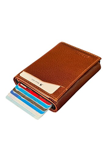 S.S SÜZER DERİ Tan Automatic Mechanism Tri-Fold Genuine Leather Credit Card Holder - 3007-Tan