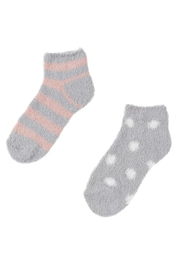 SHOPIENS Women's fluffy ankle socks, set of 2 pairs, gray with stripes and polka dots