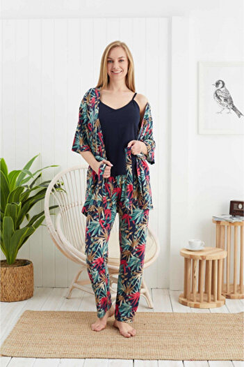 Ecrin Women's Printed pajama set, robe, tank top and pajama pants