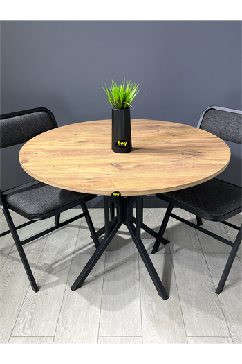hey modüler mobilya Sedef Çam Yuvarlak Mutfak Yemek Masası Balkon Masası Metal Siyah Ayak 100 Cm