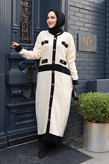N.S NEVA STYLE Buttoned Cream Knitwear Hijab Dress 17209Kr