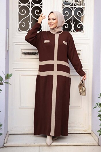 N.S NEVA STYLE Brown Knitwear Hijab Dress 27503Kh