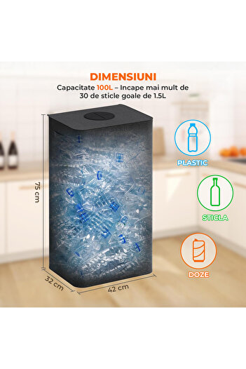 Elindor ® Recycling Bin, 100L Capacity, Made of Textile with Reinforced Lid, 42 x 32 x 75 cm, Black