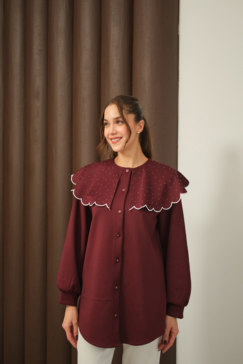 LOCCO Women's Tunic with Stone Collar Burgundy