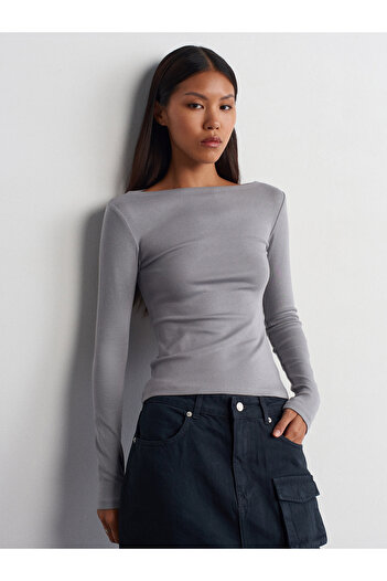 Dilvin 31332 Boat Neck Long Sleeve Top-Gray(Grey)