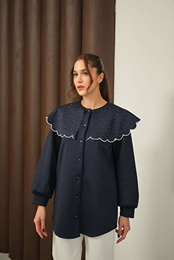 LOCCO Women's Stone Collar Tunic Navy Blue