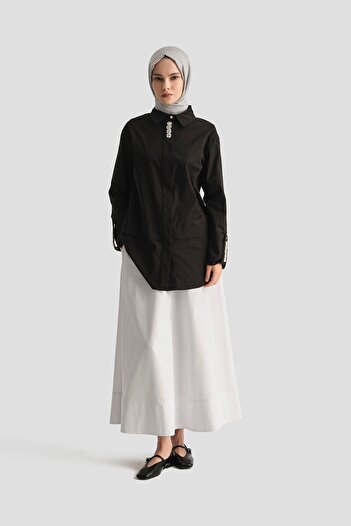 Armine TREND Hidden Button Stone Detailed Shirt Collar Tunic Black 25Yt4134