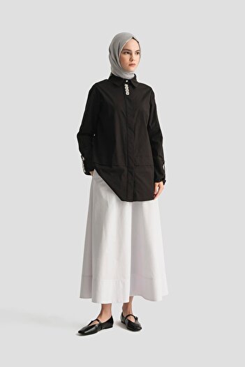 Armine TREND Hidden Button Stone Detailed Shirt Collar Tunic Black 25Yt4134