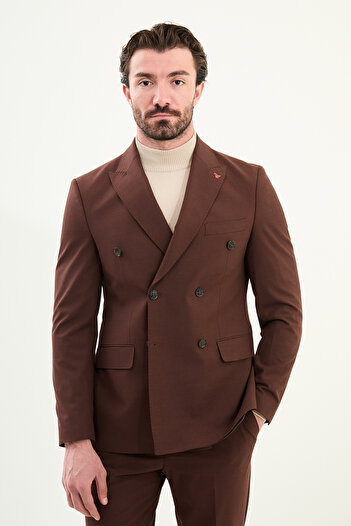 Mcr Straight Slim Fit Wide Collar Double Breasted Men's Suit Coffee - 45420.25K