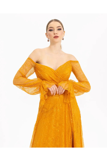 Donatella Belted Lace Evening Dress