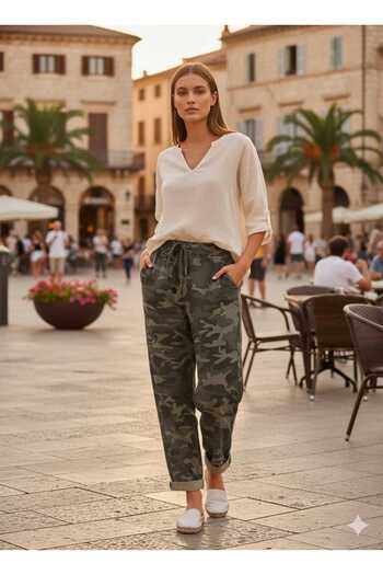 Punta Otantik Ls7312 Camouflage Patterned Lycra Italian Cotton Trousers Khaki