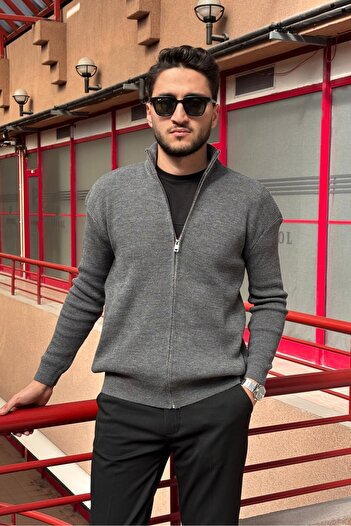 inpool Men'S, Stand-Up Collar, Zipper, Flexible Structure, Fitted Look Sweater, Cardigan Pltk14