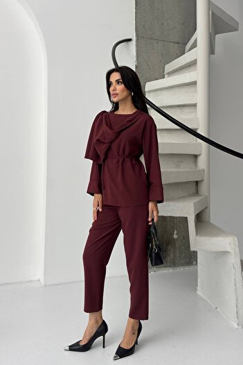 VAGGON Women's Burgundy Shawl Collar Draped Waistcoat Two-Piece Set Vs01375