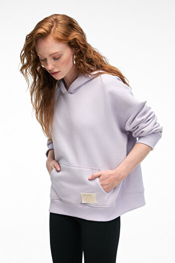 GRIMELANGE Clarie Women's Organic Cotton Oversize Kangaroo Pocket Hooded Lilac Sweatshirt