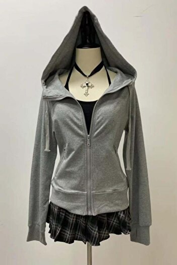 Karakedi Basic Zippered Plain Pocket Hooded Sweatshirt