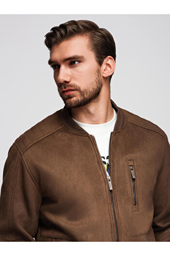 OMBRE Men's Bomber Jacket with Suede Imitation - Brown V1 OM-JAFL-0232