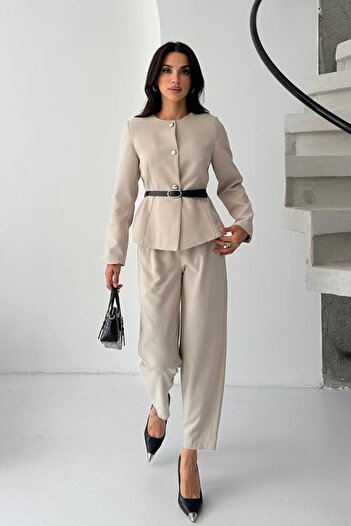 VAGGON Women's Beige Belted Button Detailed Two-Piece Set Vs01373