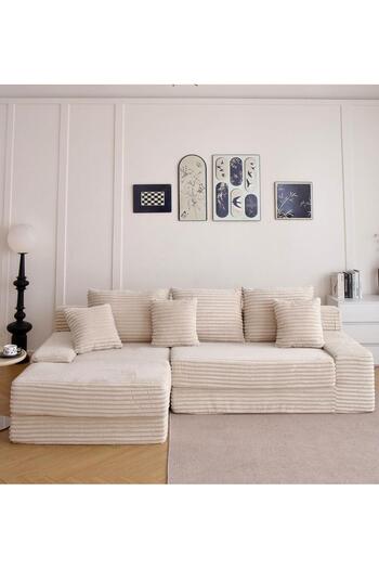 JOJO HOME Serenity Velvet Sofa, HD Foam, L x W x H: 270 x 170 x 70cm, Cream