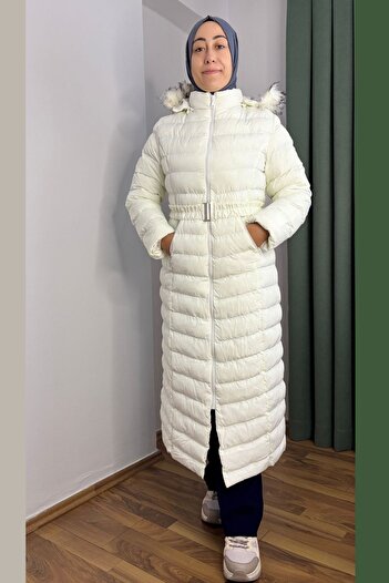 Thiff Women's White Hat Belted Long Puffer Coat