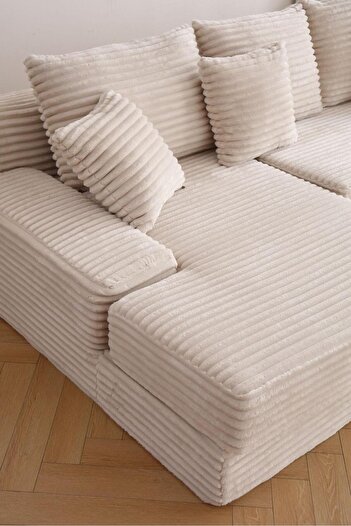 JOJO HOME Serenity Velvet Sofa, HD Foam, L x W x H: 270 x 170 x 70cm, Cream