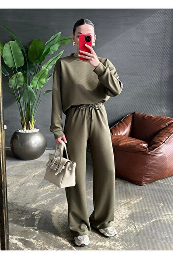 My Blog Khaki Sweat Wide Leg Pants Set-98618