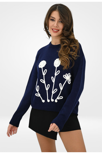 Elis Fashion Navy blue sweater with embroidered floral details and loose fit