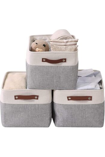 Generic Fohome Open Storage Bin, 3-Pack Foldable Storage Boxes with Leather Handle,Closet Storage Bins,Fabr