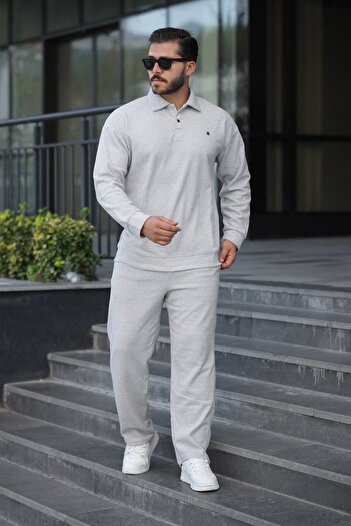 BİRBEYSTORE Men's Top and Bottom Set Polo Neck Thessaloniki Fabric Comfortable Fit Elastic Waist Bottom Cotton