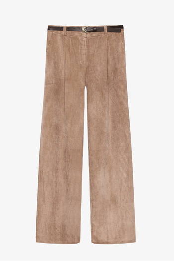 Quzu Belted Corduroy Wide Leg Trousers Camel