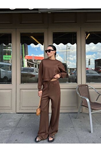 My Blog Brown Sweat Wide Leg Trousers Set-98618