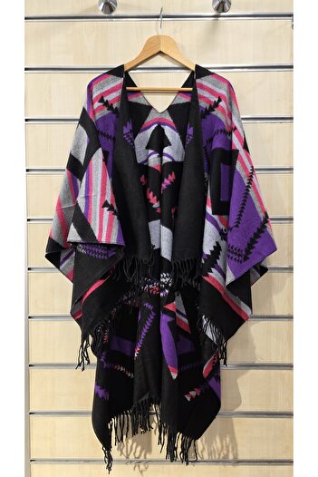 trendbysena Double-Sided Women's Poncho with Patterned Tassels