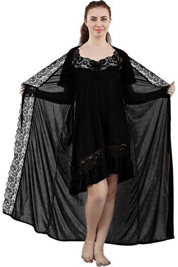 Generic Romaisa Women's Satin Solid Maxi Length Nighty with Robe (Size - Free Size) (Nightwear Set Pack of 2