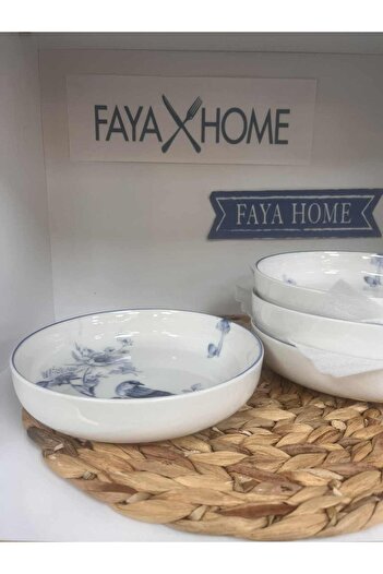 FAYA HOME Güral Porselen 1891 Bird Pattern 4 Pieces Salad Plate Appetizer Plate Presentation Plate 19 cm Deep Plate