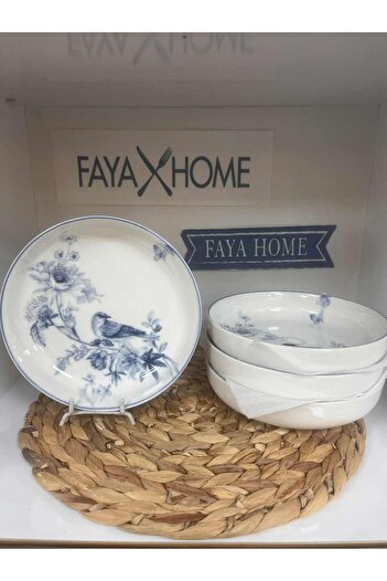FAYA HOME Güral Porselen 1891 Bird Pattern 4 Pieces Salad Plate Appetizer Plate Presentation Plate 19 cm Deep Plate