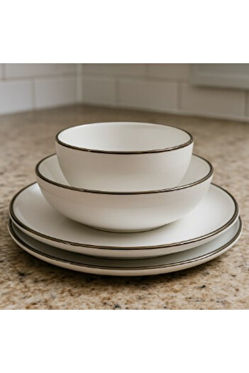 OEM 16-piece ceramic dinnerware set, White with silver rim, 26.5x20cm plate, 20cm soup bowl