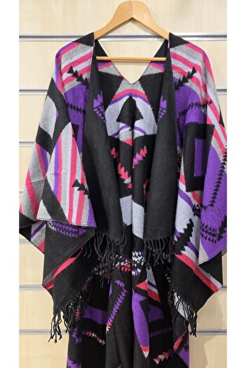 trendbysena Double-Sided Women's Poncho with Patterned Tassels
