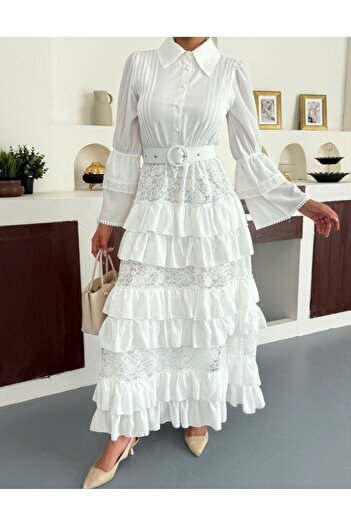 suphias Crepe Fabric & Lace Detailed Lined Dress