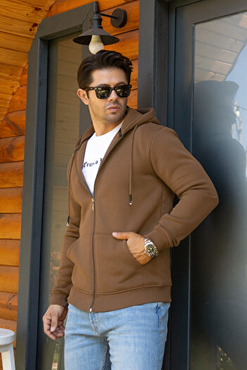 FRANCO RENZO Hooded Full-Zip 3 Thread Ribbed Cotton Sweatshirt