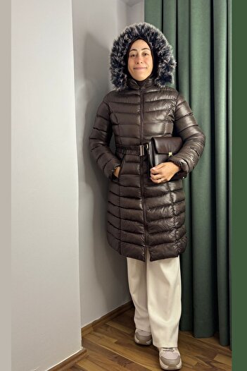Thiff Women's Brown Hat Belted Long Puffer Coat