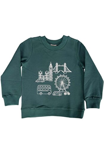 Ozmoz By Mukadder Özden Organic Cotton London Printed Winter Boys' Sweatshirt Green