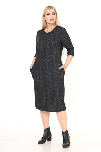modayız Double Pocket Patterned Stretchy Winter Plus Size Midi Dress 11D-2718