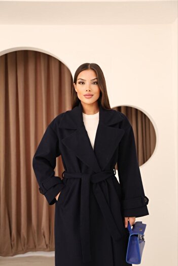 Stil Sepeti Women's Navy Blue Buttoned Lined Double Pocket Belted Cashmere Coat Drl-10001172