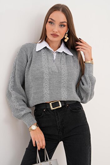 ŞİMAL Women's Shirt Collar Detailed Thessaloniki Knitted Sweater 255153 -