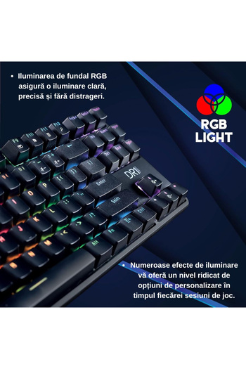 Raven Tastatură mecanică de gaming DR1TECH TKL, PC/PS4, iluminare RGB, 87 de taste anti-ghosting, cablu USB