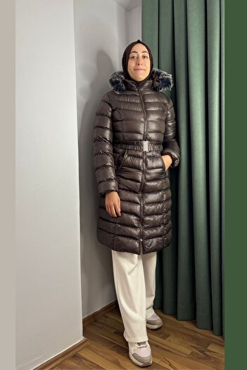 Thiff Women's Brown Hat Belted Long Puffer Coat