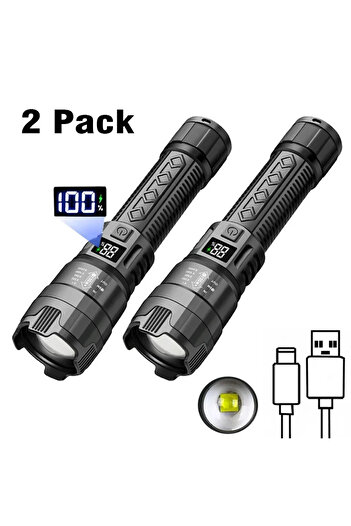 Choice 2pcs Ultra Bright LED Flashlight 2000LM Type-C Rechargeable Long Range Zoom Tactical Torch Outdoor E