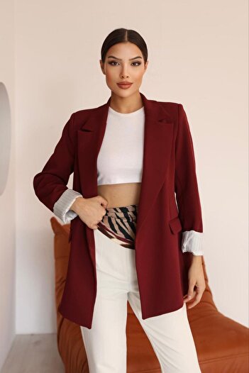 Stil Sepeti Women's Burgundy Lined Striped Double Pocket Blazer Jacket Drl-10001117